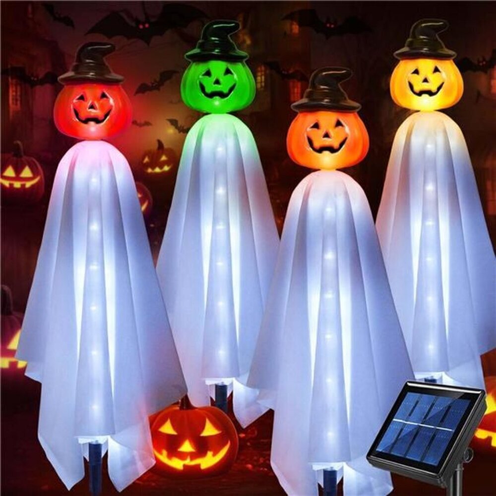 Boho Solar Ghost Pumpkin Lights Set of 4 Halloween